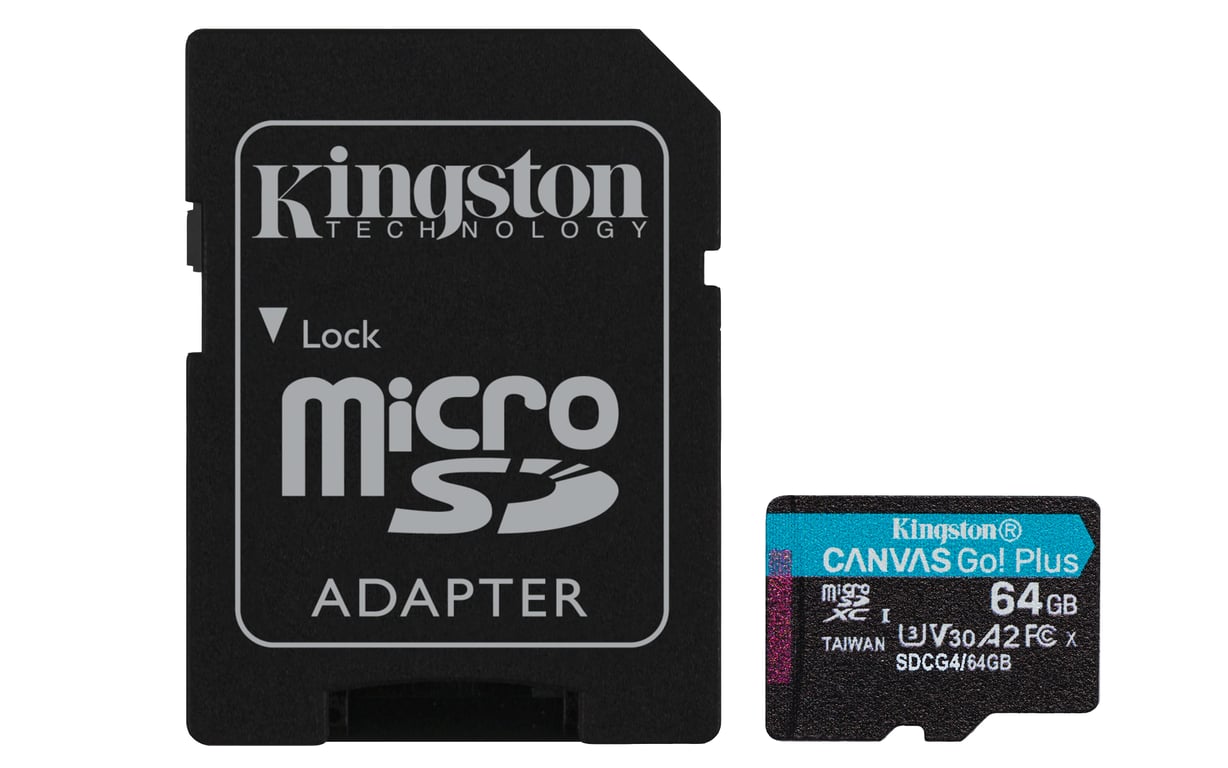 Kingston Technology Carte microSDXC Canvas Go Plus Gen4 200 Mo/s A2 U3 V30 64 Go + adaptateur - Neuf