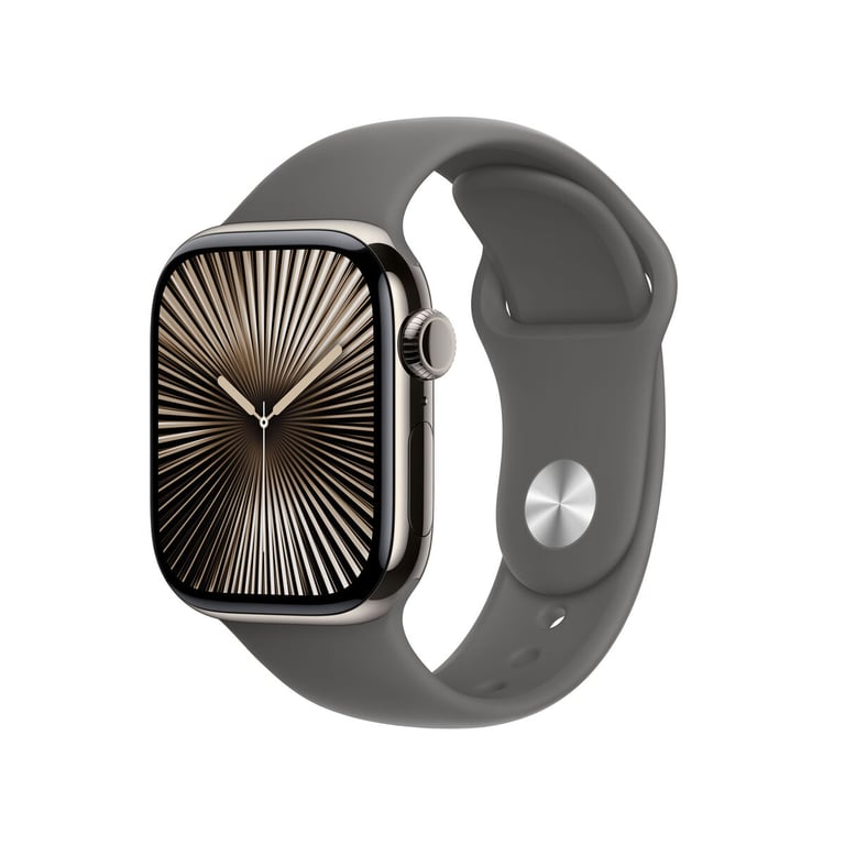 Apple Watch Series 10 (2024) GPS + Cellular, Boitier Titane Naturel de 42mm avec bracelet Caoutchouc M/L, Gris - Très bon état