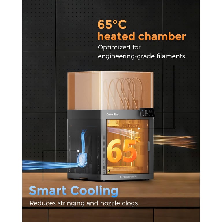 Flashforge Creator 5 Pro Imprimante 3D – 4 têtes indépendantes sans purge changement FlashSwap en 7s vitesse 600 mm/ chambre chauffante 65 °C filtration HEPA13 + actif calibrage automatique systèmes Neuf - vue 3