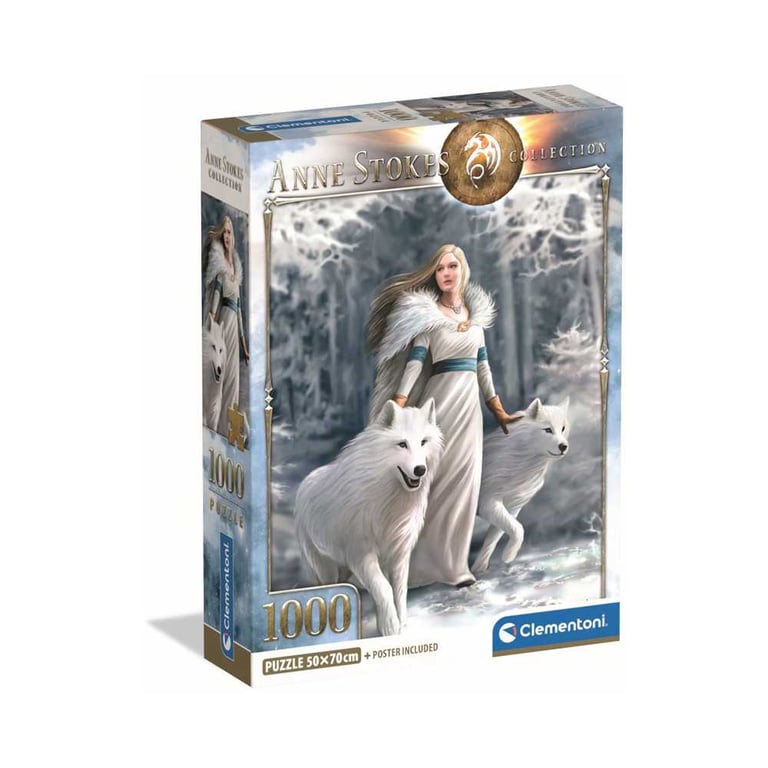 Puzzle 1000 pièces Clementoni Compact REF: 39957 50x70 cm Portrait Anne Stokes  Winter Guardians  Poster inclus Tons blanc/gris/bleu - Neuf