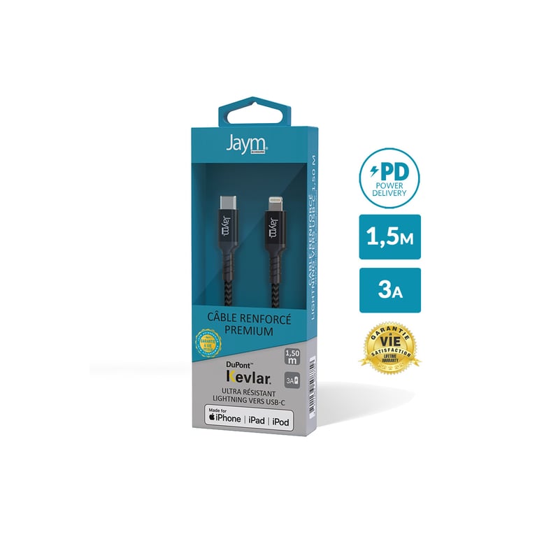 Jaym - Premium Cable 1,50 m -USB-C a Lightning (MFI Certified) compatible iPhone, iPad, AirPods - Fast Charge 3A Power Delivery - Garantía de por vida - Ultra reforzado - Longitud 1,5m