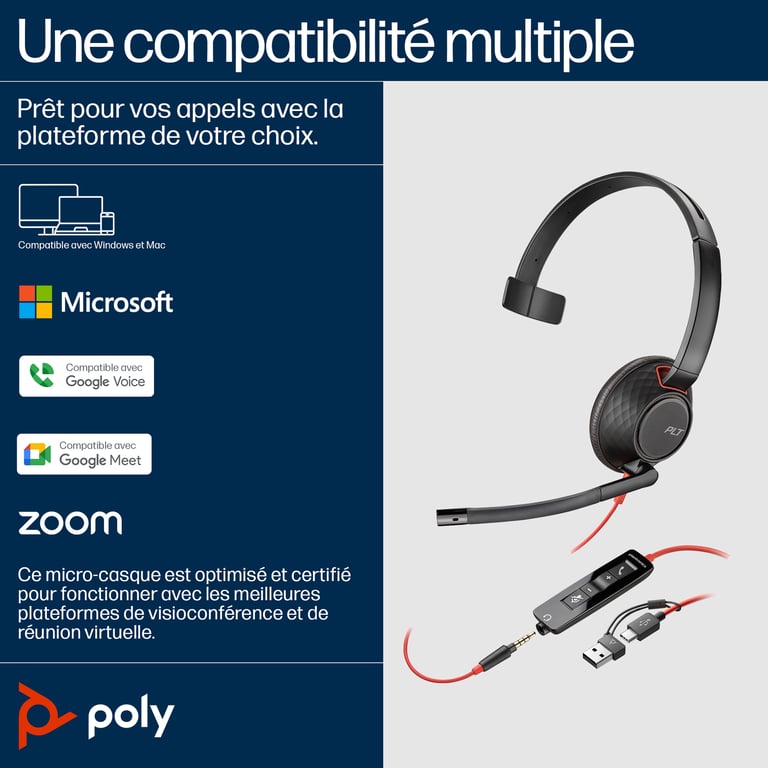 POLY Micro casque monaural USB C Blackwire 5210 + prise 3 5 mm + adaptateur USB CA Neuf - vue 3