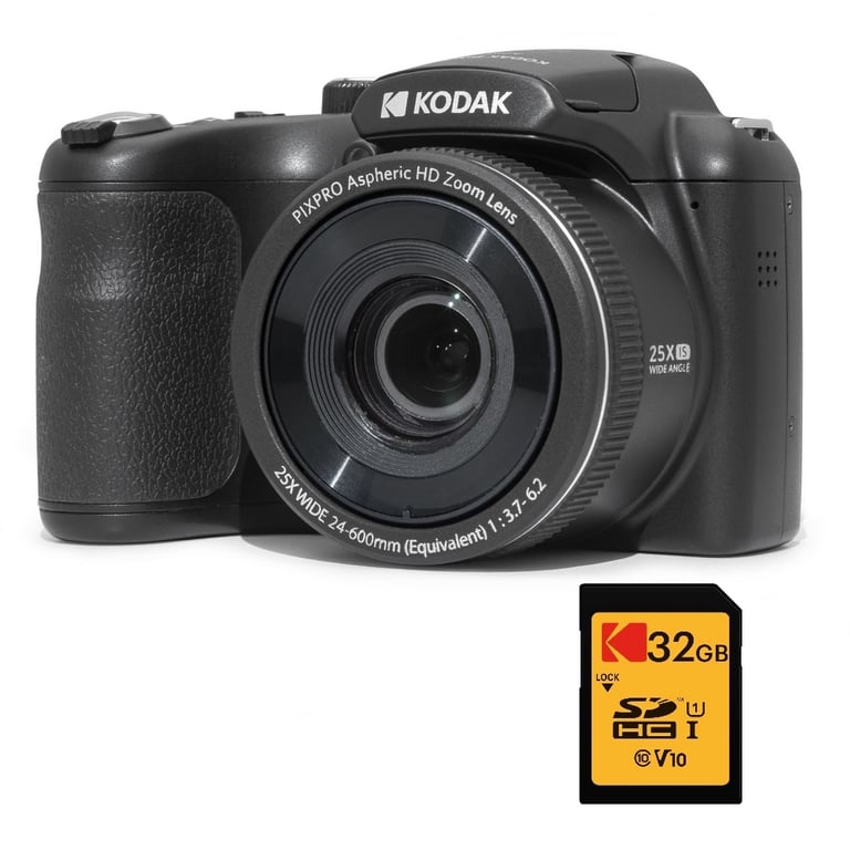 KODAK Pack Pixpro AZ255 + Carte Mémoire SD 32Go - Appareil Photo Bridge Numérique Astro Zoom 16MP, Zoom Optique 25X, Stabilisateur, Video Full HD, Grand angle 24 mm, Ecran LCD 3 '', Pile AA - Noir - Neuf