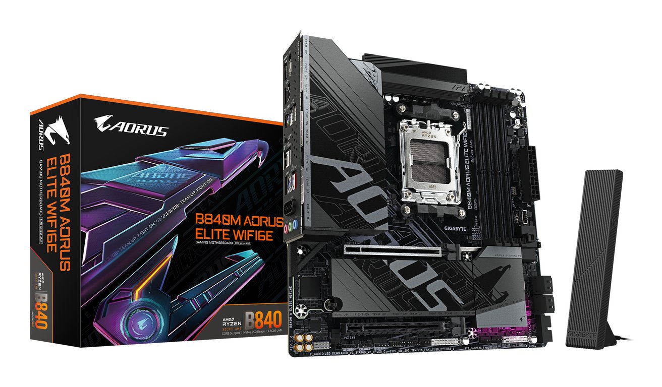 GIGABYTE B840M AORUS ELITE WIFI6E Carte Mère – Processeurs AMD Ryzen 9000 10+2+2 phases VRM jusqu'à 8200 MHz DDR5 O.C. 2 x .2 PCIe 4.0 Wi Fi 6E LAN 2.5 GbE USB 3.2 Gen 2 Neuf