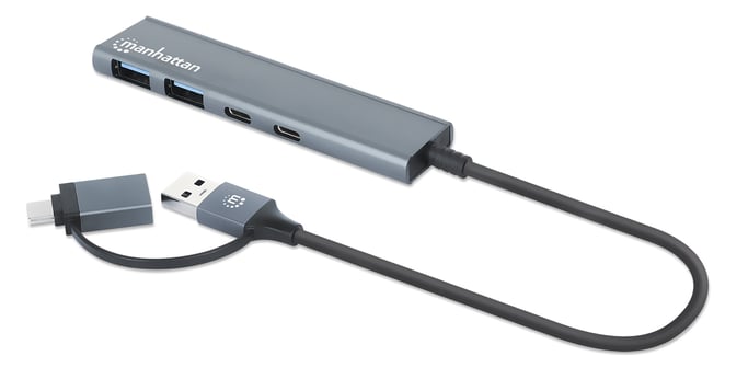 Manhattan Hub/dock combinado USB-C y USB-A, puertos (4): 2x USB-A + 2x USB-C, 5 Gbps (USB 3.0), Alimentado por USB (no requiere alimentación externa),