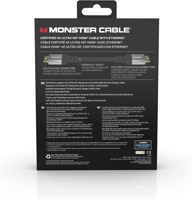 Câble HDMI Monster 4.5M - Résolution 4K - Vidéo HDR - Audio Return Channel - 22,5 GBPS - Vitesse Éclair - Triple Blindage - Homologué UL et CL3 - Neuf