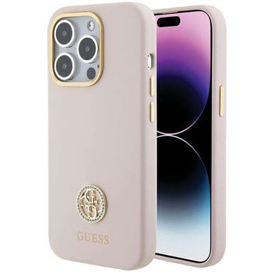 Custodia Guess per iPhone 15 Pro 6.1'' rosa Custodia rigida in silicone Logo Strass 4G