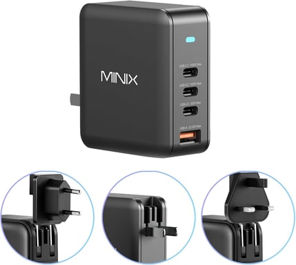 Cargador USB C MINIX 165W, Cargador GaN II PD3.1 Máx 140W, Adaptador de Carga Turbo de 4 Puertos, Estación de Carga Rápida, Compatible con MacBook Pro/iPad Air/iPhone 15 14 13 Pro Max/Galaxy Ultra y Más