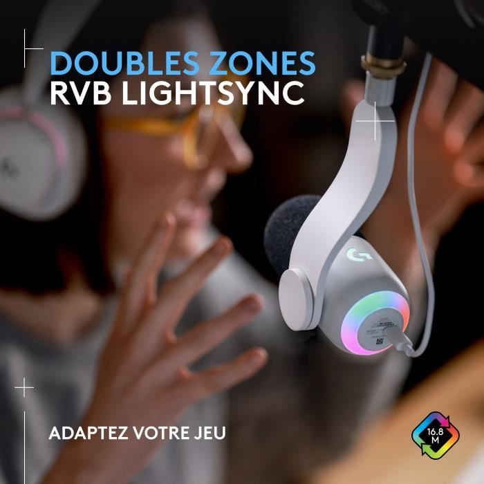 Microphone Logitech G Yeti GX gaming RVB dynamique avec LIGHTSYNC pour PC/Mac - Blanc - Neuf