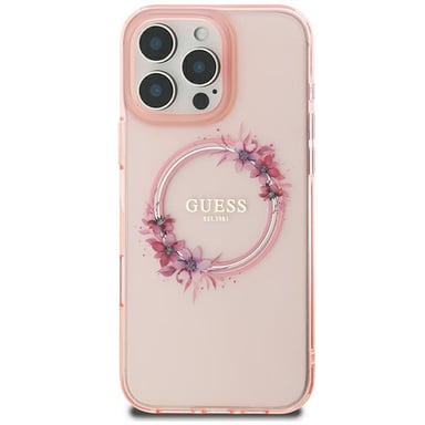 Étui Guess pour iPhone 16 6.1'' rose étui rigide IML Flowers Wreath MagSafe