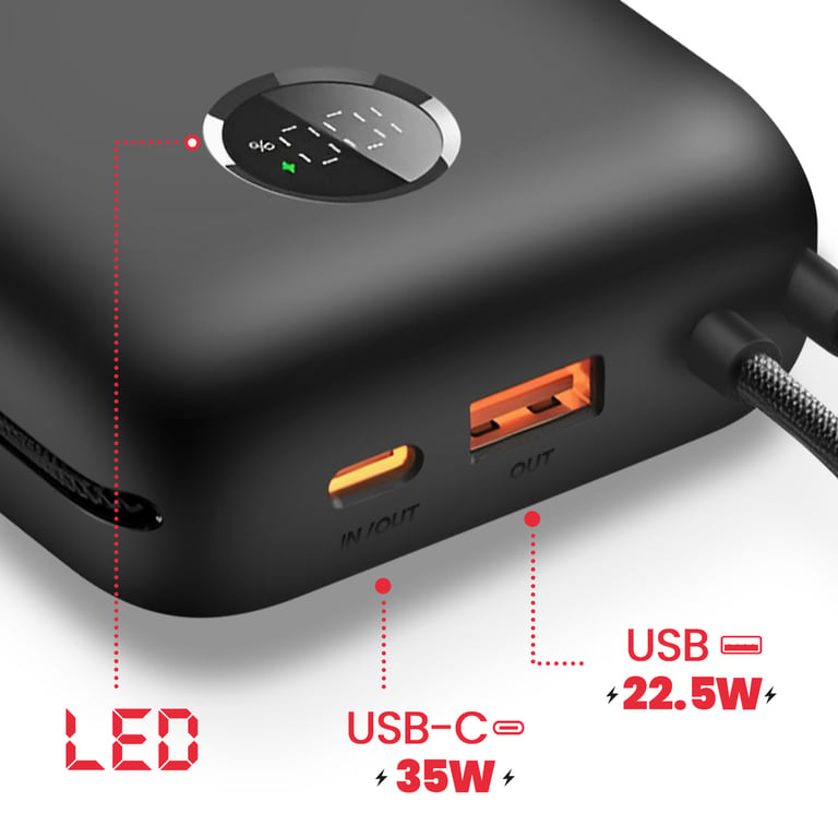 Batterie Externe 30000mAh Câbles USB C et Lightning intégrés Écran LED Neuf - vue 3
