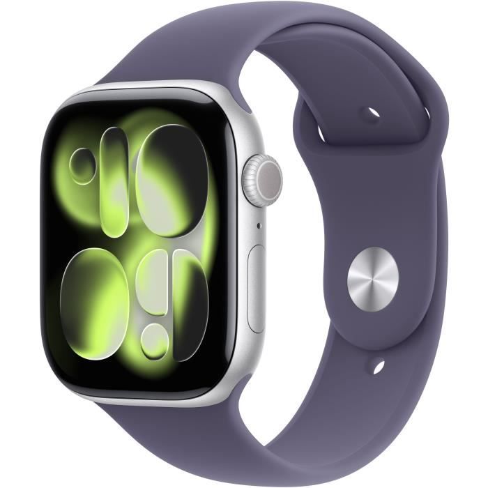Apple Watch Series 11 GPS + Cellular - 46mm - Boîtier Silver Aluminium  - Bracelet Purple Fog Sport Band - S/M - Neuf