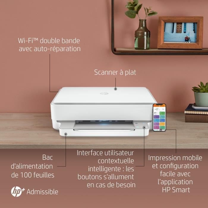 HP Envy 6022e Imprimante tout-en-un Jet d'encre couleur Copie Scan - Idéal pour la famille - 6 mois d'Instant ink inclus avec HP+