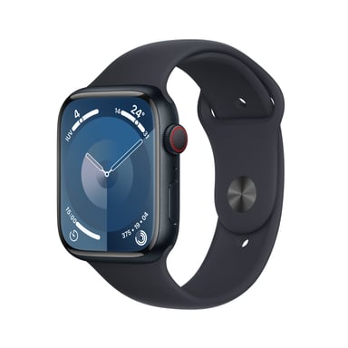 Watch Series 9 GPS + Cellulaire, boitier en aluminium de 45 mm avec boucle en caoutchouc, Noir, S/L