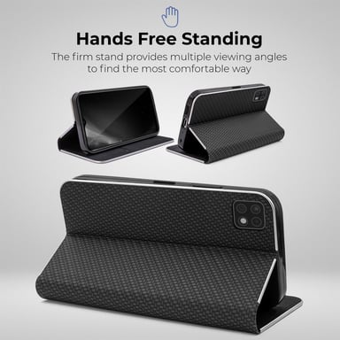 Moozy Étui Portefeuille pour Samsung A22 5G, Noir Carbone - Étui à Rabat avec Bordure Métallique, Fermeture Magnétique, Flip Cover avec Porte-Cartes et Fonction Béquille