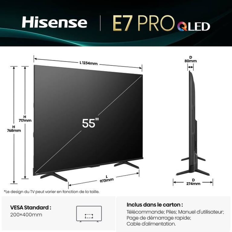 Hisense 55E7Q Pro TV QLED 55 139 cm 4K UHD 3840x2160 144 Hz HDR10+ TV connecté 4xHDMI 2.1 WiFi - vue 6
