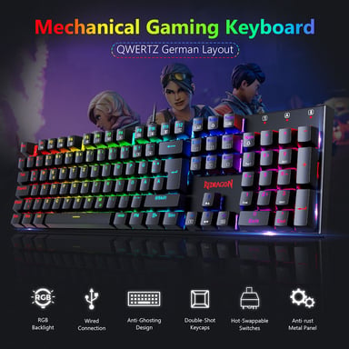 Redragon Teclado Mecánico 105 Teclas K565-RGB Retroiluminación RGB Alemán Base Aluminio Switch Rojo - Negro