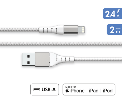 Cavo USB A/Lightning rinforzato 2m - 2,4A Bianco