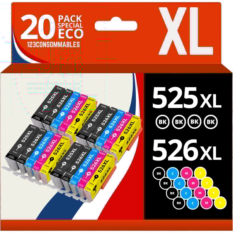 123CONSOMMABLES PGI525 CLI526 Cartouches d'encre compatible avec Canon 525 526 pour PIXMA MG5150 MG5350 MG6150 IX6550 MX715 MX885 MX895 IP4850 IP4950 IP6550 4 / 2 Cyan / 2 / 2 Jaune Neuf
