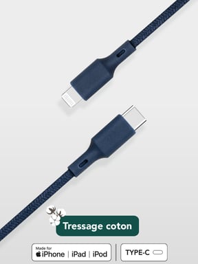 Cable USB C/Lightning de algodón reciclable de 2 m Azul Just Green