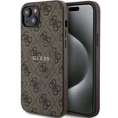 Custodia Guess per iPhone 15 Plus 6,7'' marrone Custodia rigida 4G Collection in pelle Logo in metallo MagSafe