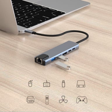 Adaptador multipuerto USB-C USB-A, USB-C, HDMI, RJ45 Grey