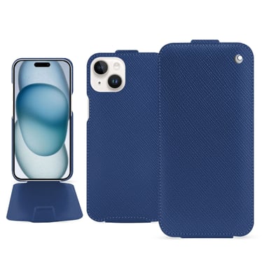 Housse cuir Apple iPhone 15 - Rabat vertical - Bleu - Cuir saffiano