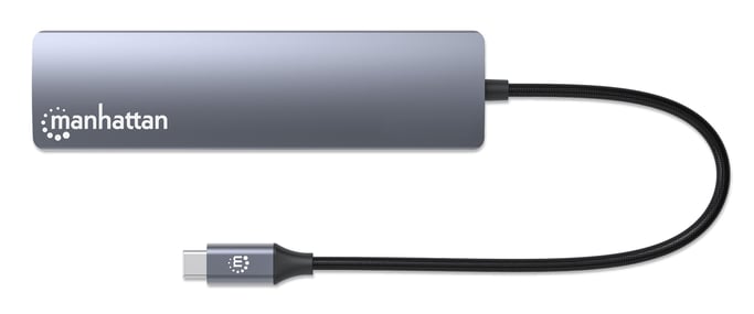 Manhattan Dock/hub USB-C con lector de tarjetas, puertos (5): Ethernet, HDMI, 2x USB-A y USB-C, con Power Delivery (PD) 100 W- requiere cargador USB-C externo (no incluido). Alimentado por USB (no requiere alimentación externa) cuando no se utiliza PD
