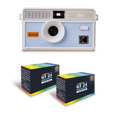 KODAK i60 - Appareil Photo Réutilisable 35mm, Style Rétro, Sans Mise au Point, Flash Intégré Pop-up - Blanc et Bleu bébé + 2 Pellicules Couleur 24 Expositions