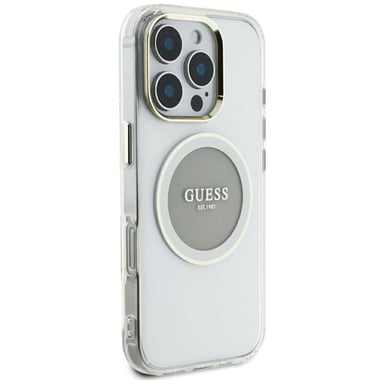Étui Guess IML Metal Colored Circle Classic Logo MagSafe pour iPhone 16 Pro Max gris