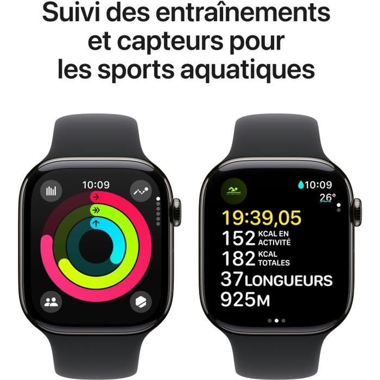 Apple Watch Series 10 (2024) GPS + Cellular, Boitier Titane Ardoise de 46mm avec bracelet Caoutchouc M/L, Noir - Neuf