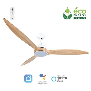 Fanelite - Ventilateur de plafond 164 cm blanc et bois ZENA - Moteur DC 35W - LED 20W dimmable 3 couleurs - Wifi &Contrôles vocaux