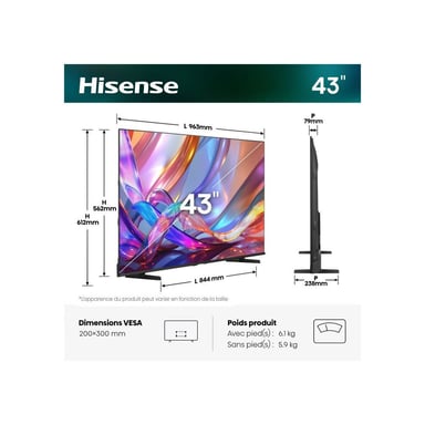 TV QLED Hisense 43E7S 43 pouces 4K UHD Smart TV VIDAA Noir