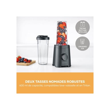 Mixeur portable Severin SM3753 Mix & Go 320 W 2 vitesses pulse 4 lames Noir avec 2 gourdes Tritan 600 ml