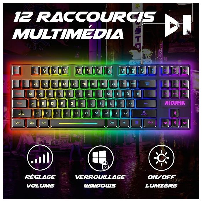 AKUMA - Clavier Gaming à Membrane SHÔNEN T02 TKL 88 Touches Rétroéclairées LED RGB Programmable - Filaire USB - AZERTY Français - Compact sans Pavé Numérique - Neuf