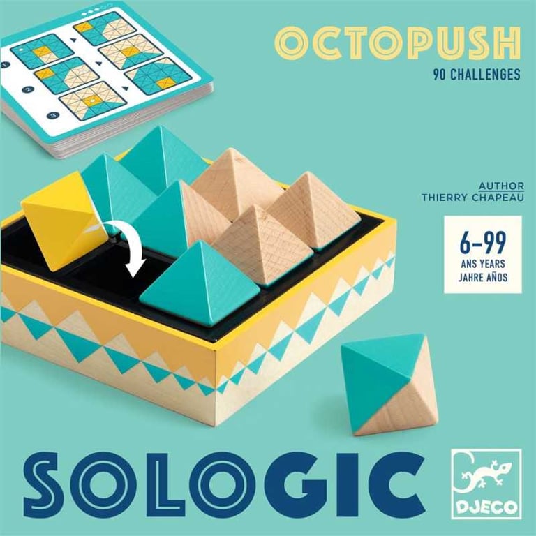 Djeco Casse-tête OctoPush puzzle en bois 3x3 9 pièces bicolores turquoise/naturel 90 défis 6–99 ans