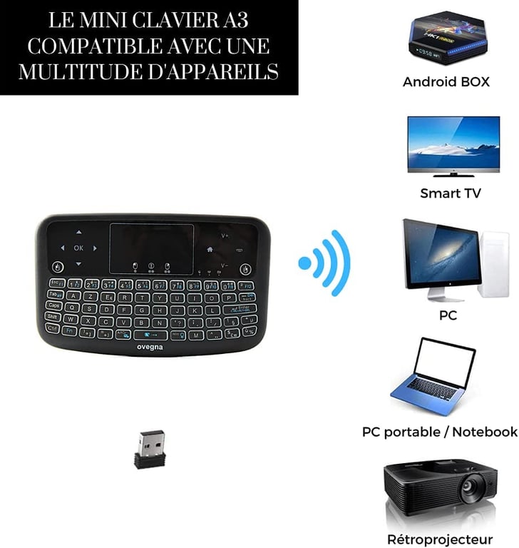 Ovegna A3: Mini Clavier sans Fil AZERTY Wireless 2.4Ghz - Neuf