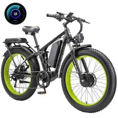 Bicicleta eléctrica KAIJIELAISI V3 Pro, motor de 3200 W, batería de 52 V y 26 Ah, velocidad máxima de 55 km/h, autonomía de 100 km, neumáticos de 26*4,0 pulgadas, color negro y verde.