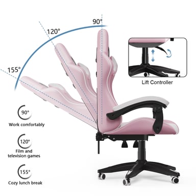 Silla gaming reclinable de cuero sintético con respaldo alto, reposacabezas y soporte lumbar - Rosa y blanco