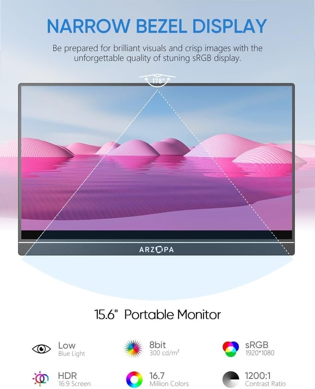 Ecran Portable ARZOPA A1,15.6 Pouces 1920×1080 FHD 60 Hz,Moniteur Portable IPS - Neuf