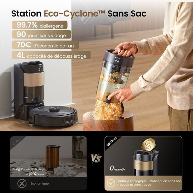 Proscenic Q20 Plus Aspirateur Robot Laveur avec Station sans Sac 12000PA 200MIN AlexaGoogle HomeiWatch Sechumide 2 en 1 - vue 3