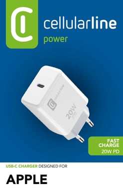 Cellularline USB-C Charger 20W - iPhone 8 or later Chargeur secteur avec port USB-C 20W pour recharger à la vitesse maximale les iPhones8 et modèles suivants