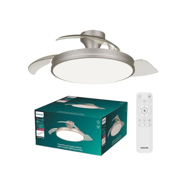 Ventilateur de plafond Philips Atlas avec LED, pales rétractables, nickel et télécommande - Neuf