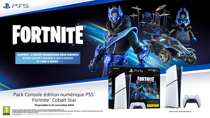 Pack PS5 Slim & Fortnite Cobalt Star - Console de Jeux Playstation 5 Slim (Digitale) 1 To, Blanc