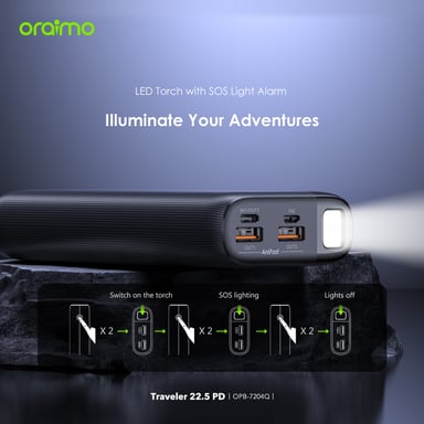oraimo Traveler 22.5 PD – Power Bank 20 000mAh, carga rápida 22,5W, triple salida USB, linterna LED y SOS