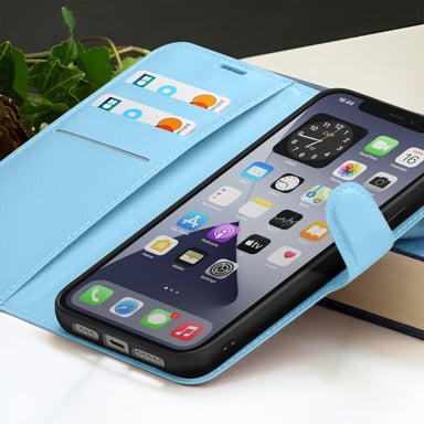 Zanaé Funda tipo cartera para iPhone 12 y 12 Pro con soporte y lengüeta magnética Azul Claro