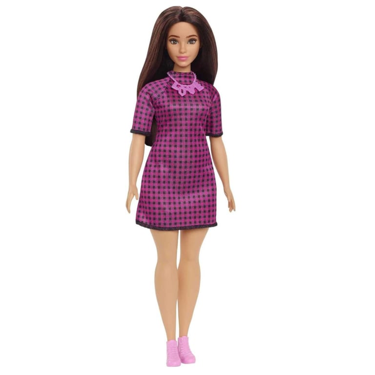 Poupée Barbie Fashionistas avec Robes à Carreaux Col Montant et Baskets Chics Rose - Neuf