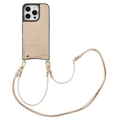 Selencia Coque de téléphone Nova Croco avec cordon et porte-cartes pour Apple iPhone 15 Pro - Beige