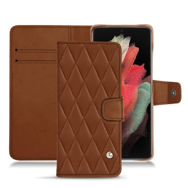 Housse cuir Samsung Galaxy S21 Ultra - Rabat portefeuille - Marron - Cuir lisse couture
