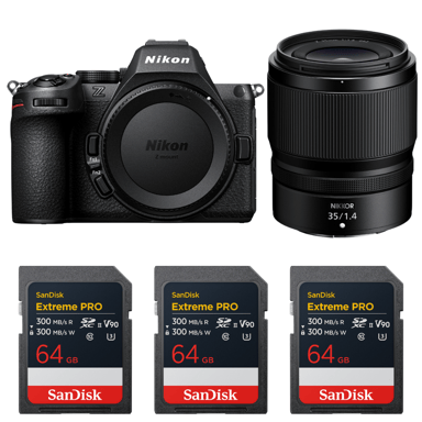 Cámara híbrida Nikon Z5 II + 35mm f/1.4 + 3 SanDisk 64GB Extreme PRO UHS-II + Ebook ''20 consejos para fotos que impactan''